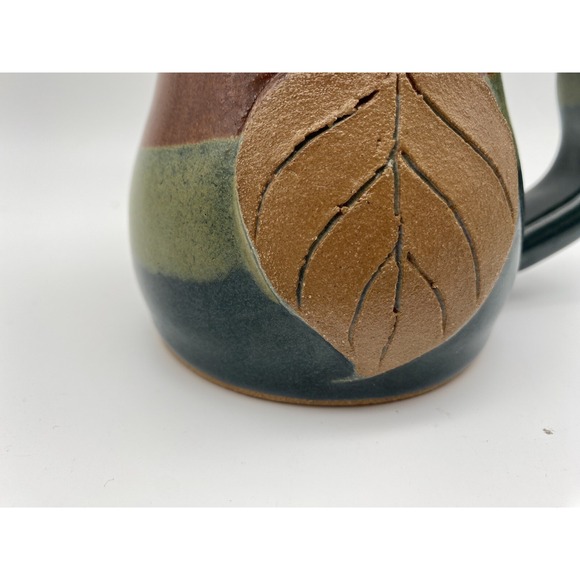 CLAYTON Pottery Coffee Cup Mug Leaf Pattern Thumb Print Handle - Picture 3 of 8
